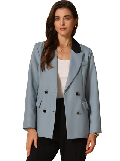 Colorblock Notched Lapel Double Breasted Pocketed Blazer