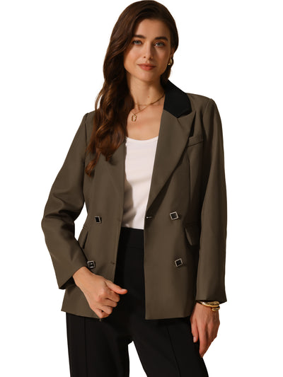 Colorblock Notched Lapel Double Breasted Pocketed Blazer