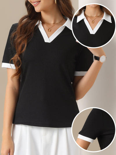 Patchwork Colorblock Collared Short Sleeves Knitted Blouse