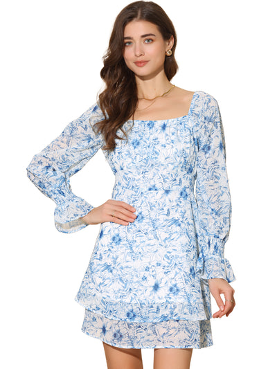 Dress for Women's Long Sleeve Square Neck Floral Print Casual A Line Dress