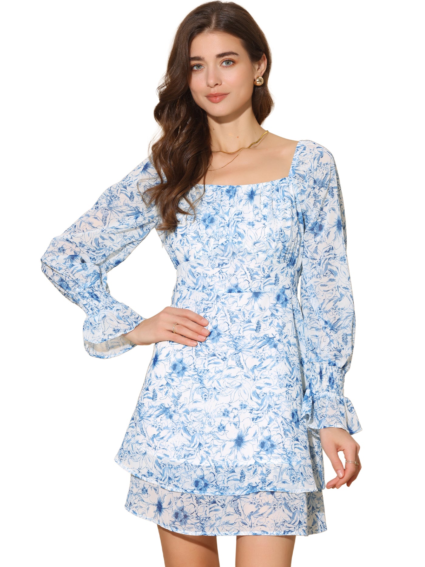 Allegra K Dress for Women's Long Sleeve Square Neck Floral Print Casual A Line Dress