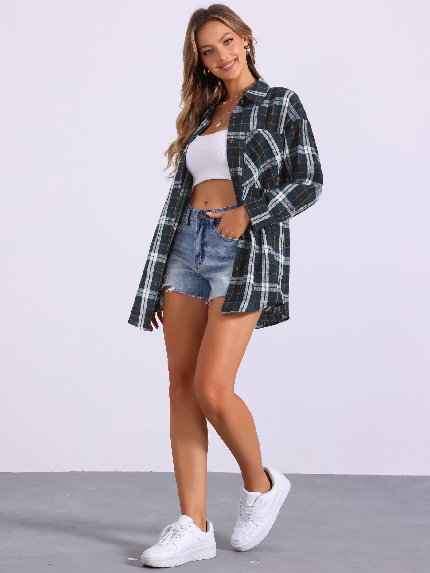 Allegra K Flannel Plaid Oversized Long Sleeve Casual Button Down Shirt