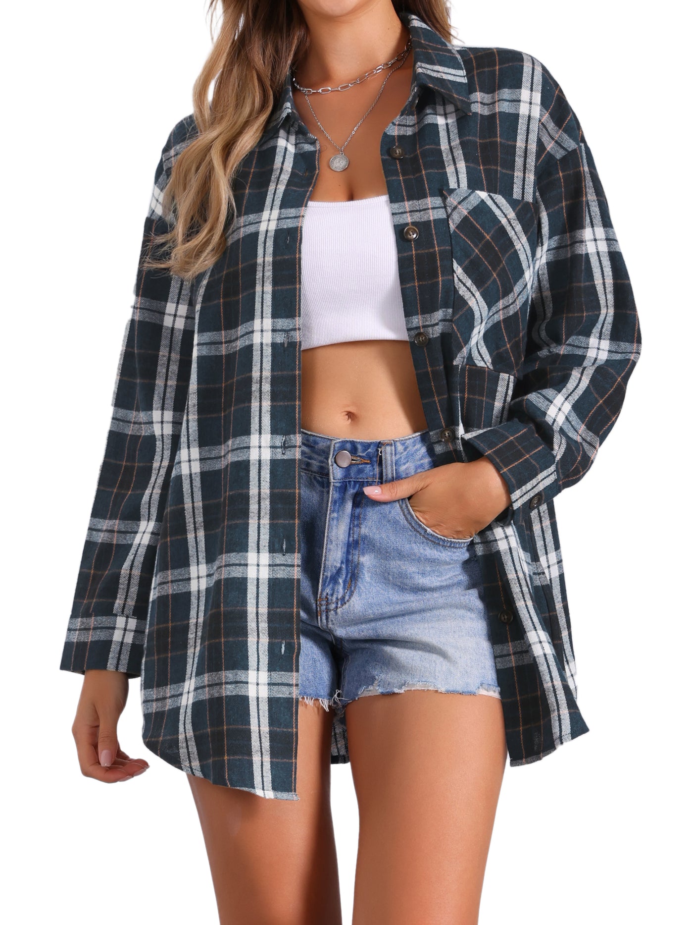 Allegra K Flannel Plaid Oversized Long Sleeve Casual Button Down Shirt