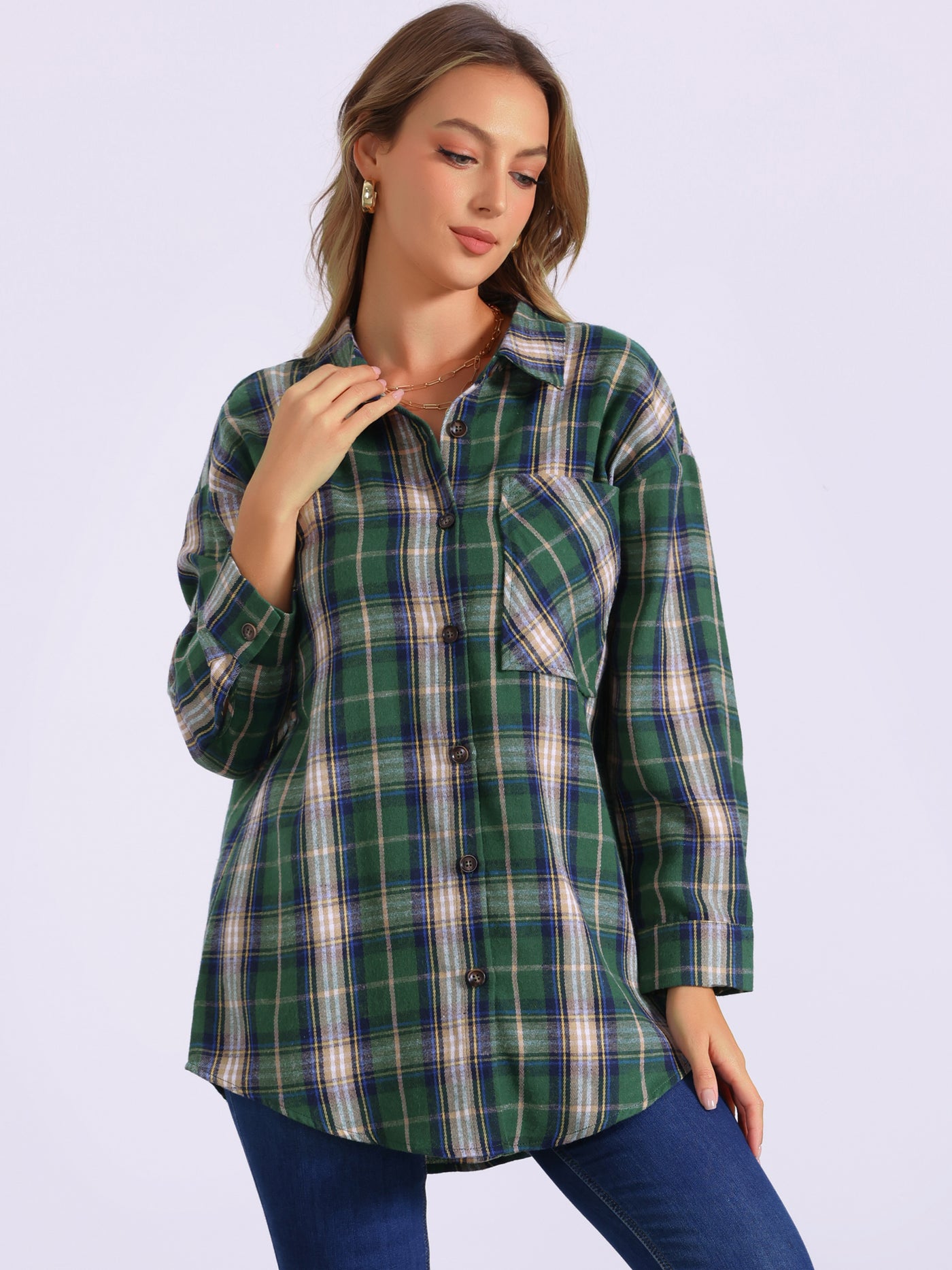 Allegra K Flannel Plaid Oversized Long Sleeve Casual Button Down Shirt