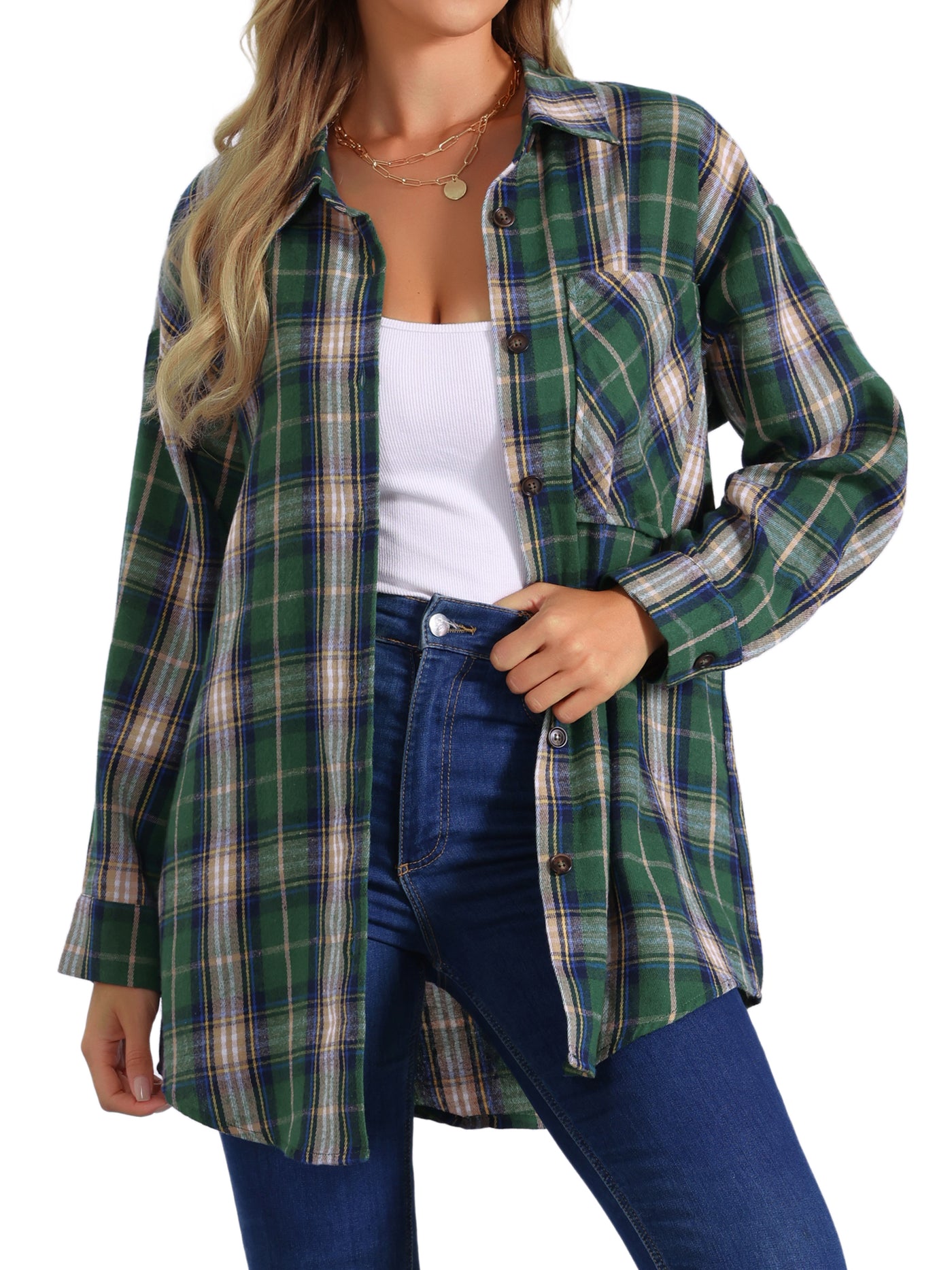 Allegra K Flannel Plaid Oversized Long Sleeve Casual Button Down Shirt