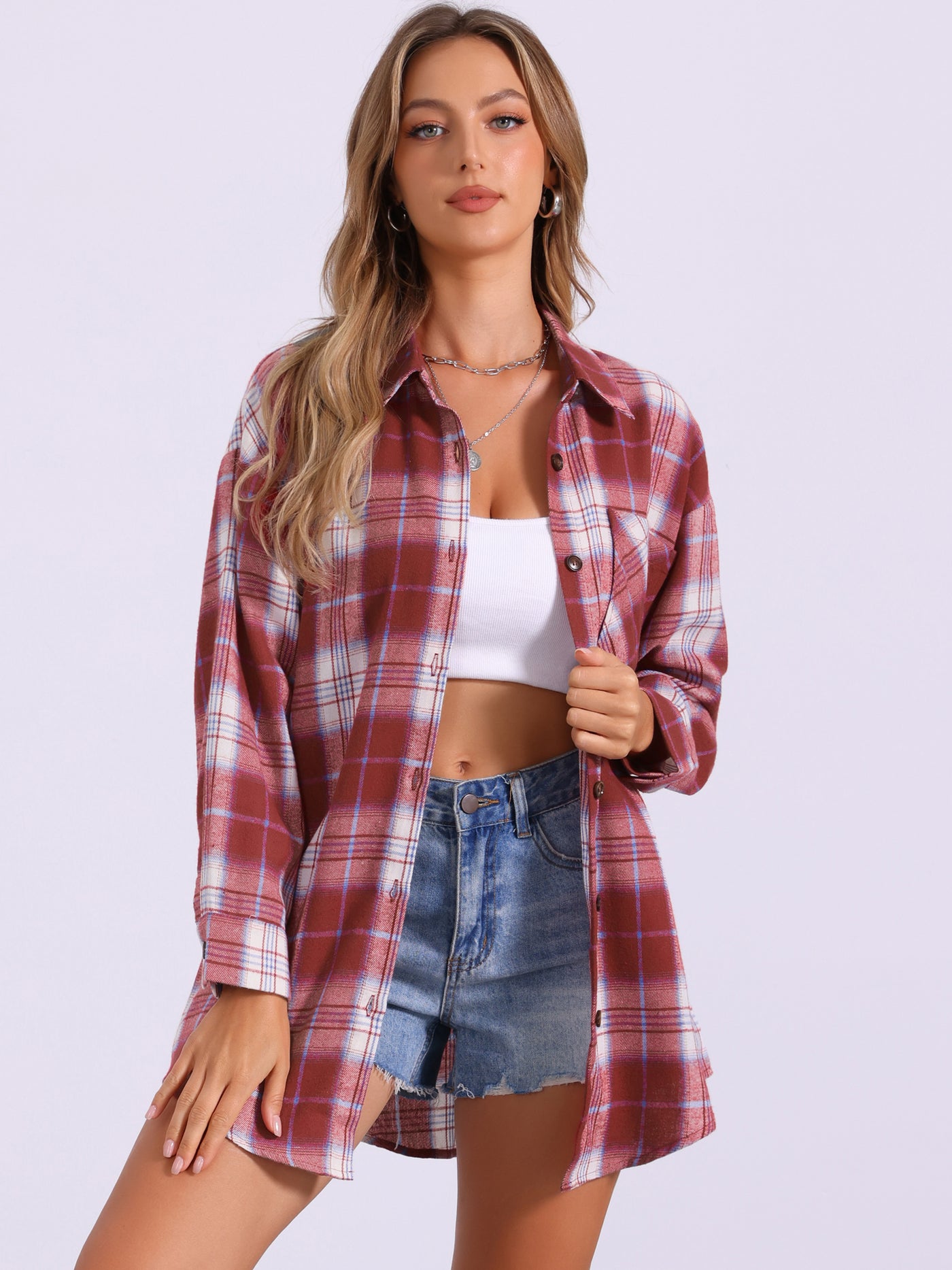 Allegra K Flannel Plaid Oversized Long Sleeve Casual Button Down Shirt