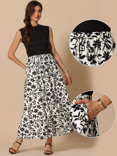 Floral Printed A-Line Maxi Skirts for Women's Elastic High Waist Long Skirts