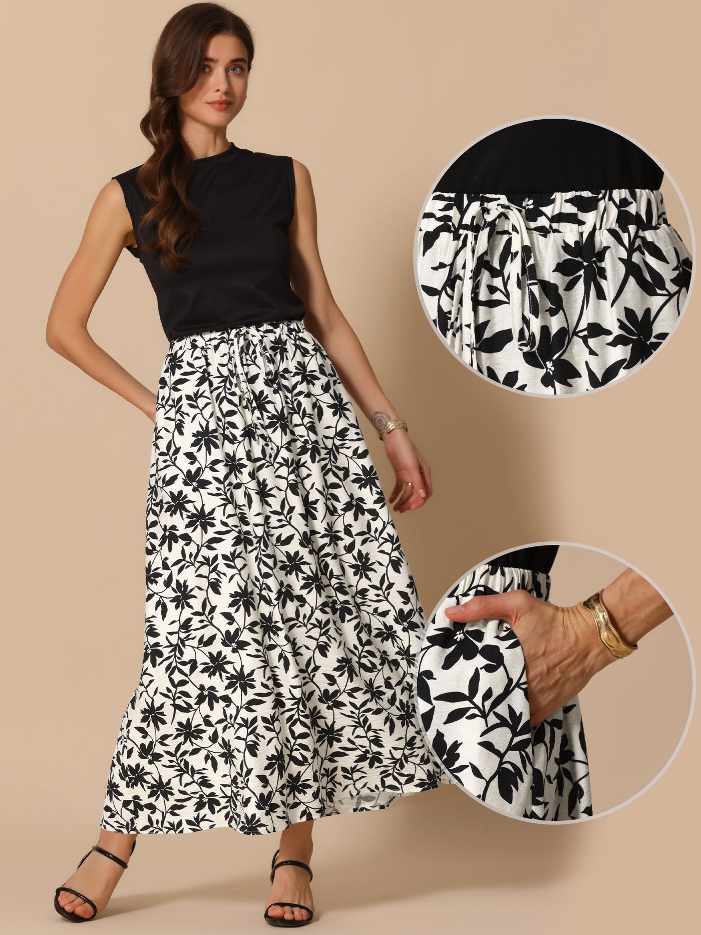 Allegra K Floral Printed A-Line Maxi Skirts for Women's Elastic High Waist Long Skirts