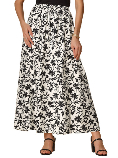 Floral Printed A-Line Maxi Skirts for Women's Elastic High Waist Long Skirts