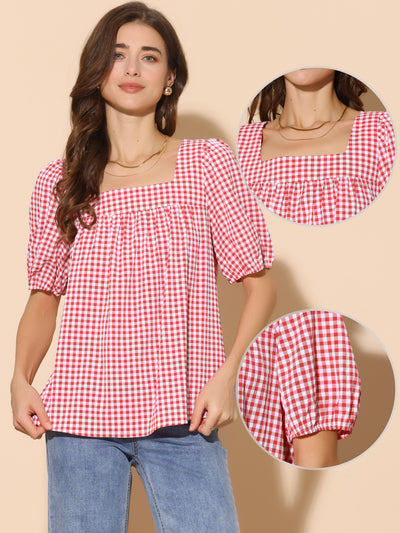 Top for Women's Square Neck Plaid Shirt Blouse Puff Sleeve Casual Top