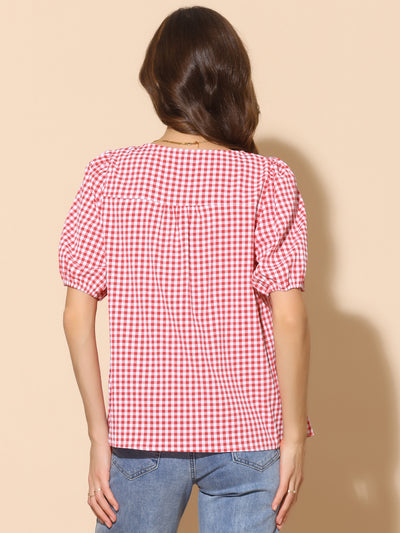 Top for Women's Square Neck Plaid Shirt Blouse Puff Sleeve Casual Top