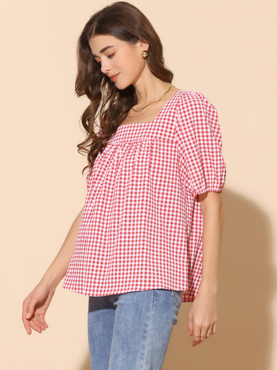 Top for Women's Square Neck Plaid Shirt Blouse Puff Sleeve Casual Top