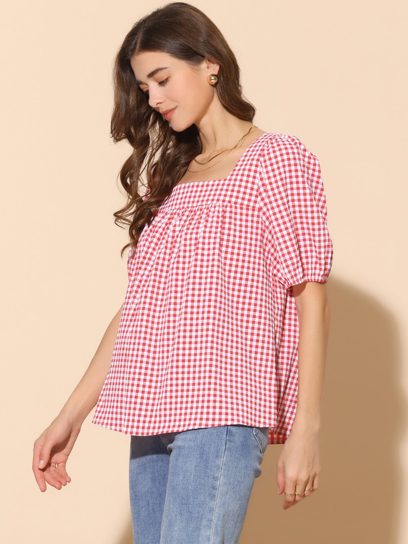 Allegra K Top for Women's Square Neck Plaid Shirt Blouse Puff Sleeve Casual Top