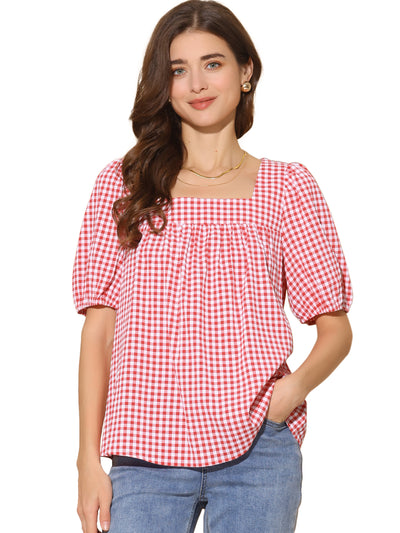 Top for Women's Square Neck Plaid Shirt Blouse Puff Sleeve Casual Top