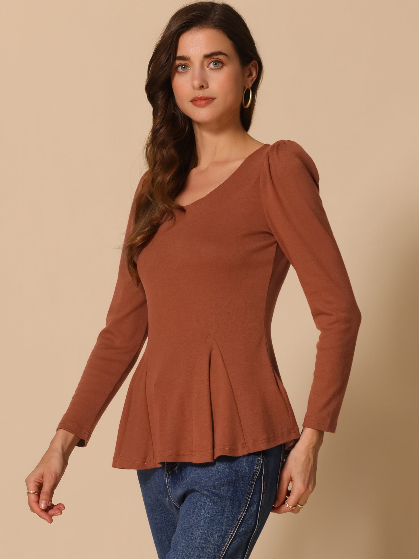 Allegra K Long Sleeve Scoop Neck Casual Peplum Blouse