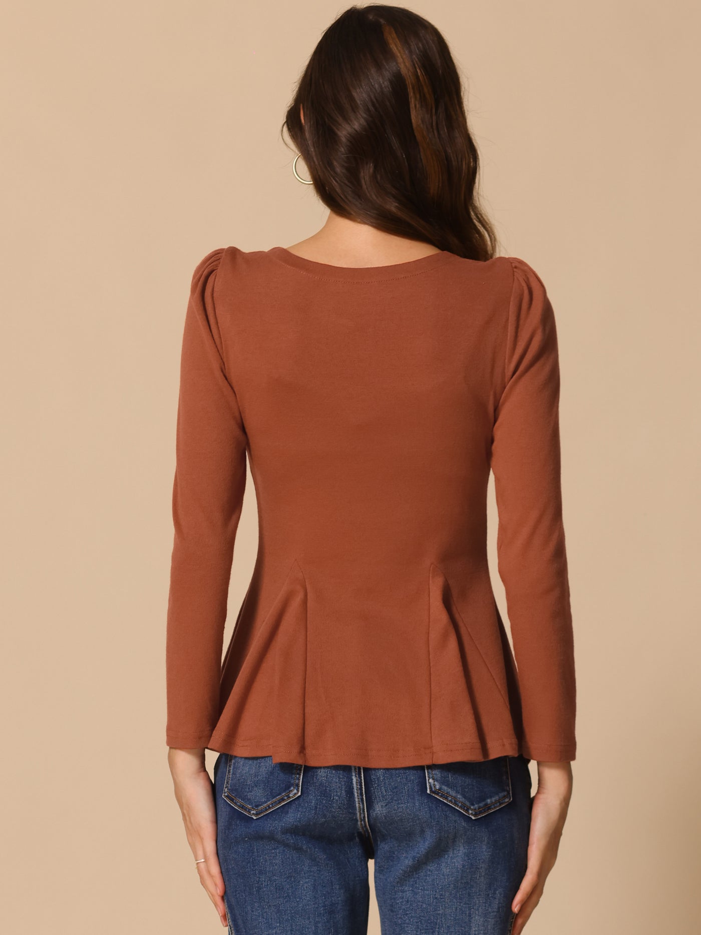 Allegra K Long Sleeve Scoop Neck Casual Peplum Blouse