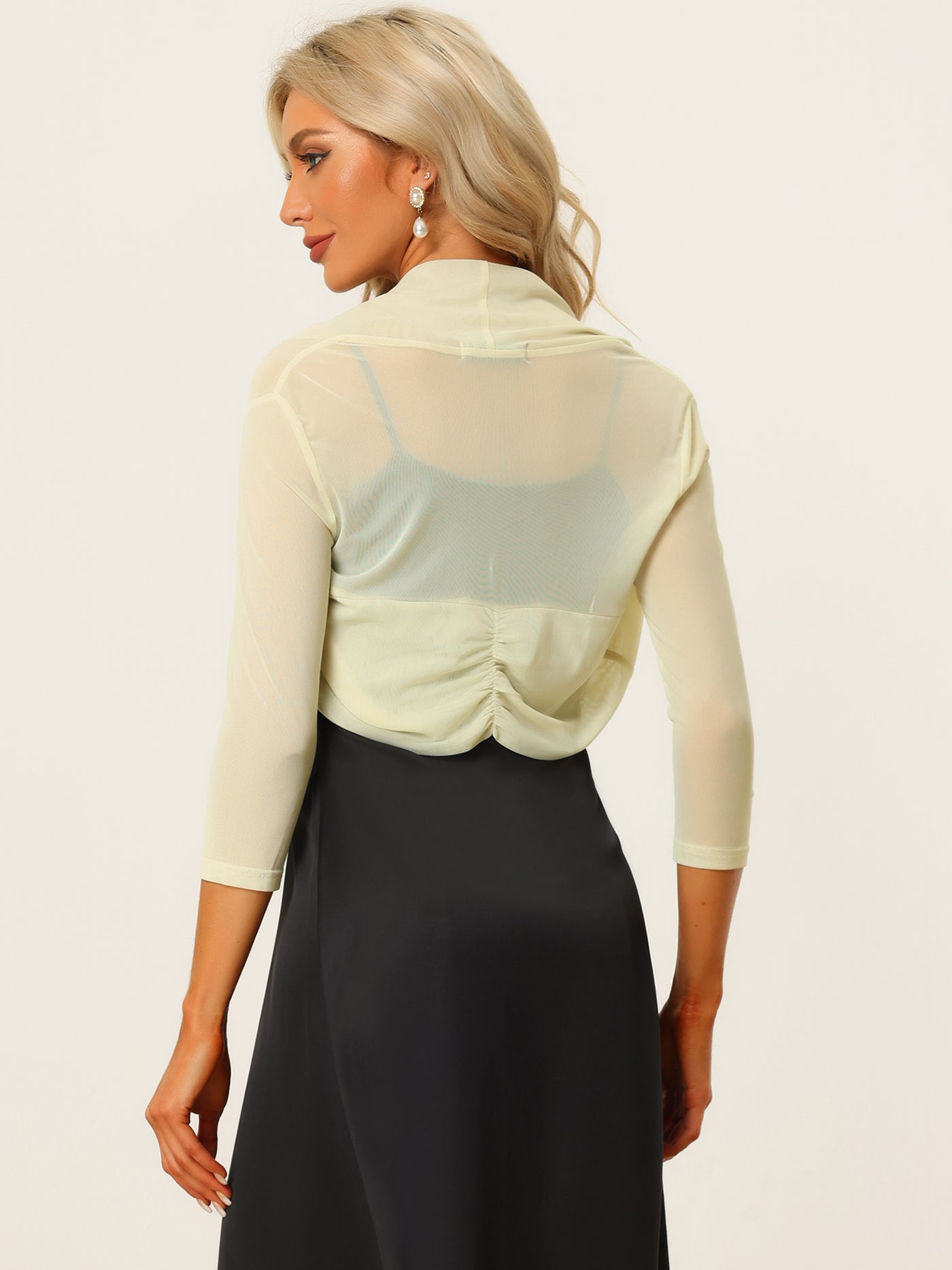 Allegra K Semi Sheer Mesh Elegant 3/4 Sleeve Stretchy Cropped Bolero Shrug