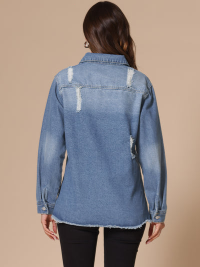 Women's Denim Jackets Oversized Frayed Hem Pockets Long Sleeve Button Down Jean Jacket