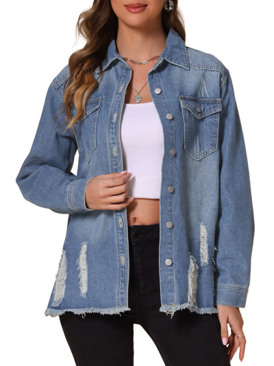 Women's Denim Jackets Oversized Frayed Hem Pockets Long Sleeve Button Down Jean Jacket