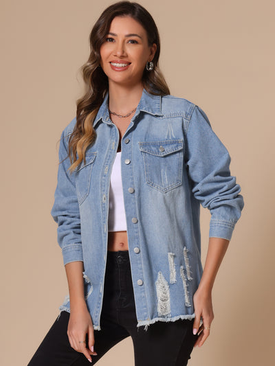 Women's Denim Jackets Oversized Frayed Hem Pockets Long Sleeve Button Down Jean Jacket