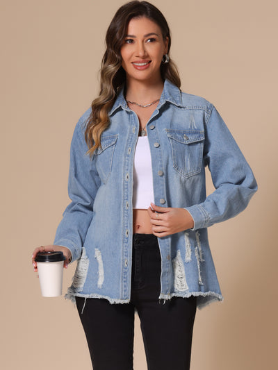 Women's Denim Jackets Oversized Frayed Hem Pockets Long Sleeve Button Down Jean Jacket