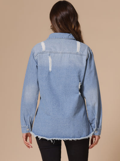 Women's Denim Jackets Oversized Frayed Hem Pockets Long Sleeve Button Down Jean Jacket