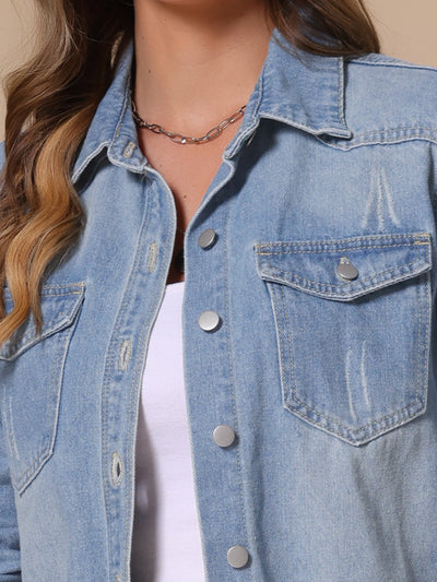 Women's Denim Jackets Oversized Frayed Hem Pockets Long Sleeve Button Down Jean Jacket