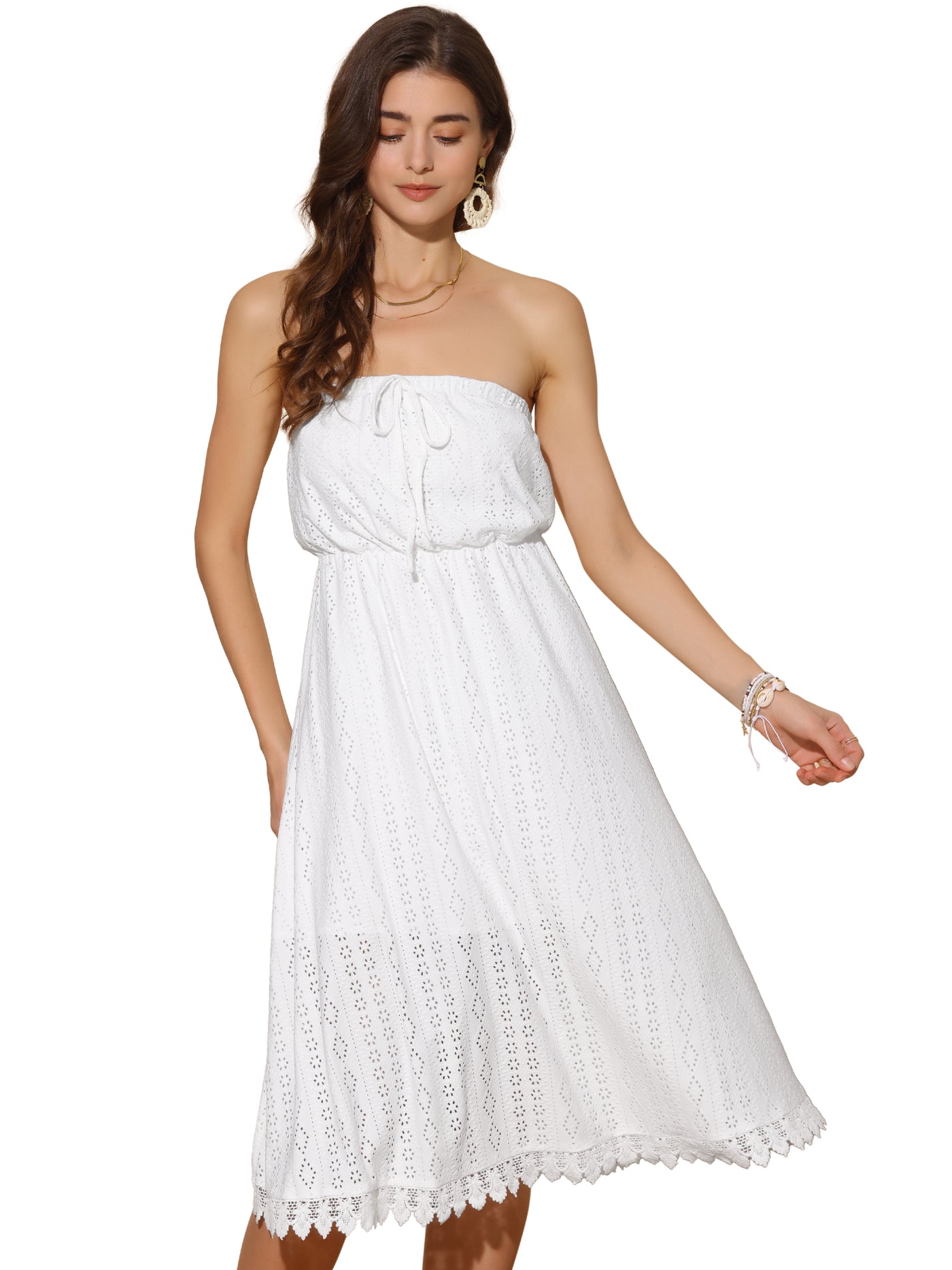 Allegra K Strapless Dress for Women's Lace Tie Waist 2025 Summer Midi Dress