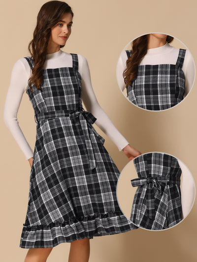 Plaid Ruffled Sleeveless Tie Waist A-Line Pinafore Overall Dress