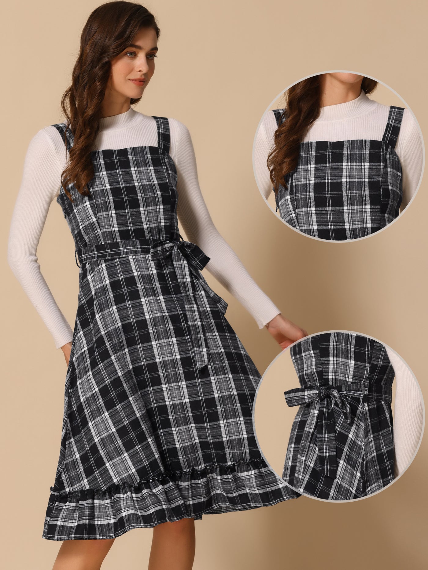 Allegra K Plaid Ruffled Sleeveless Tie Waist A-Line Pinafore Overall Dress