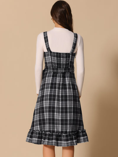 Plaid Ruffled Sleeveless Tie Waist A-Line Pinafore Overall Dress