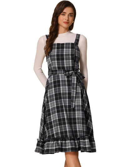 Plaid Ruffled Sleeveless Tie Waist A-Line Pinafore Overall Dress