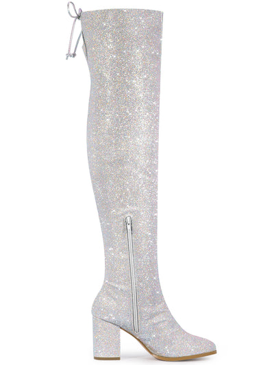 Women's Glitter Round Toe Chunky Heel Over the Knee High Boots