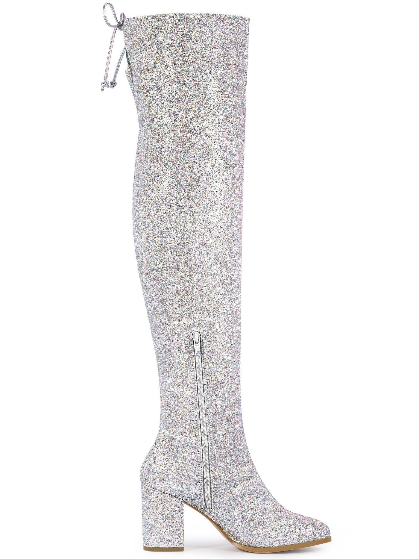 Allegra K Women's Glitter Round Toe Chunky Heel Over the Knee High Boots