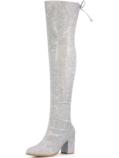 Women's Glitter Round Toe Chunky Heel Over the Knee High Boots