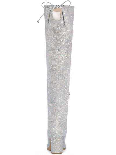 Women's Glitter Round Toe Chunky Heel Over the Knee High Boots