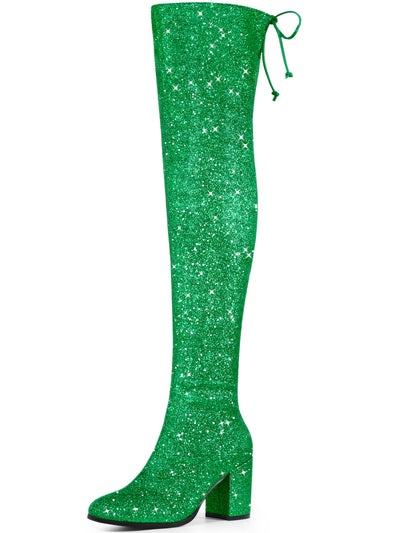 Women's Glitter Round Toe Chunky Heel Over the Knee High Boots