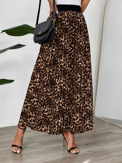 Allegra K Pleated Leopard Elastic Waist Midi A-Line Casual Skirt