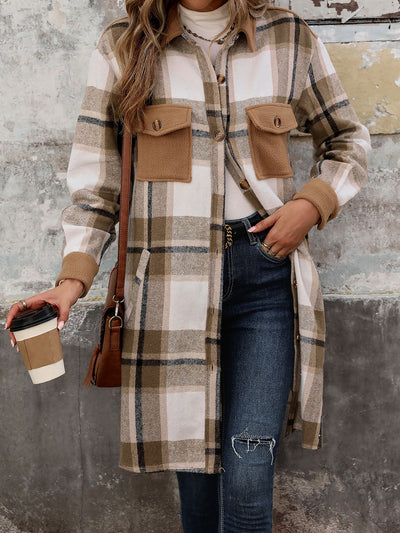 Allegra K Brushed Long Sleeves Plaid Shacket Shirt Jacket