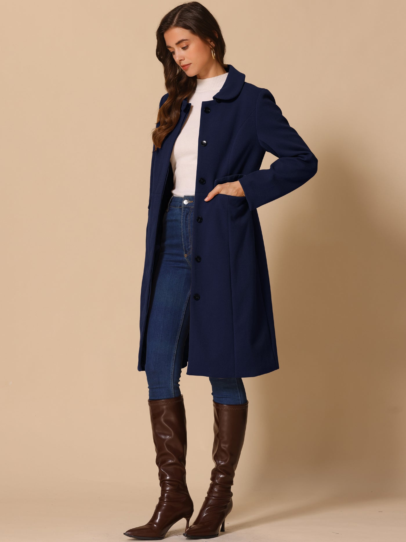 Allegra K Peter Pan Collar Button Down Long Sleeve Pockets Long Winter Coat