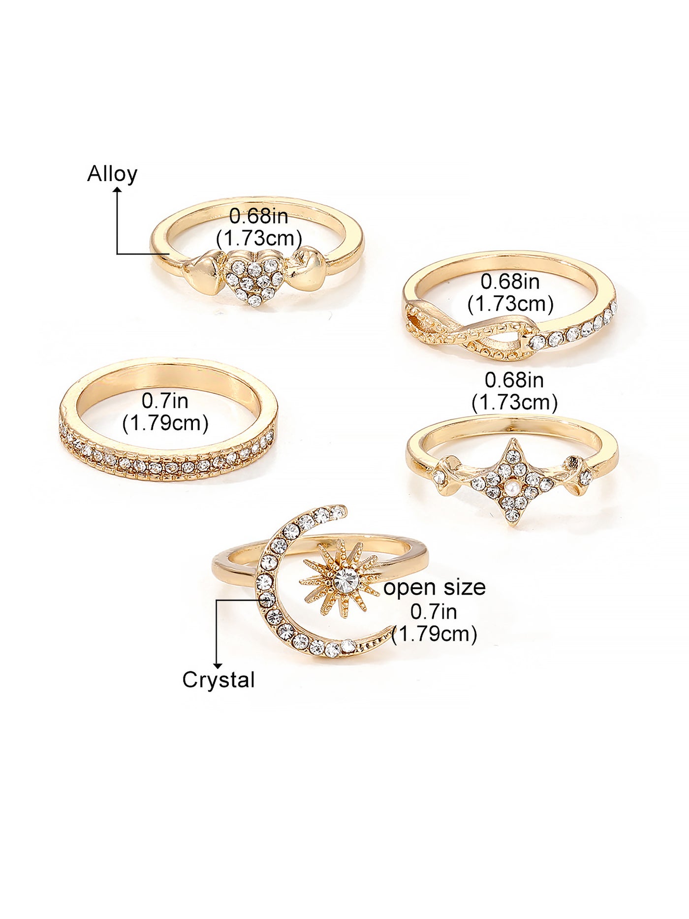 Allegra K 5 Pieces Heart Star Moon Combination Rings Set