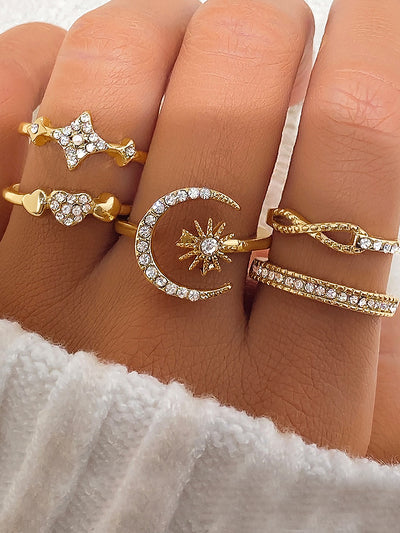 5 Pieces Heart Star Moon Combination Rings Set