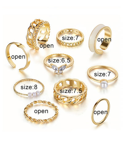 10 Pieces Alloy Faux Pearl Rhinestone Rings Set