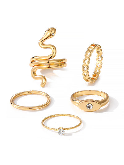 5 Pieces Snake Shape Hollow Heart Shape Rings Set