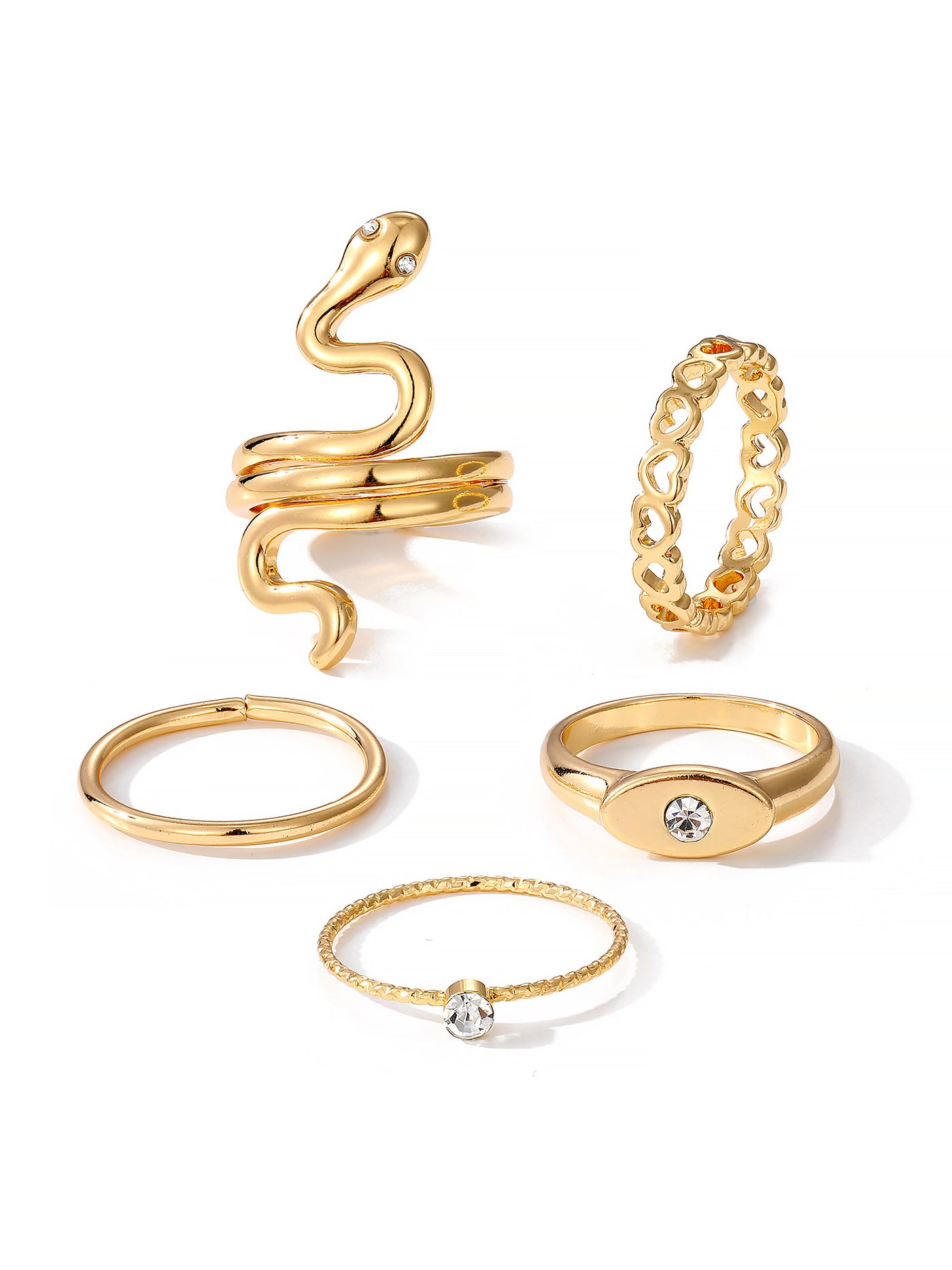 Allegra K 5 Pieces Snake Shape Hollow Heart Shape Rings Set