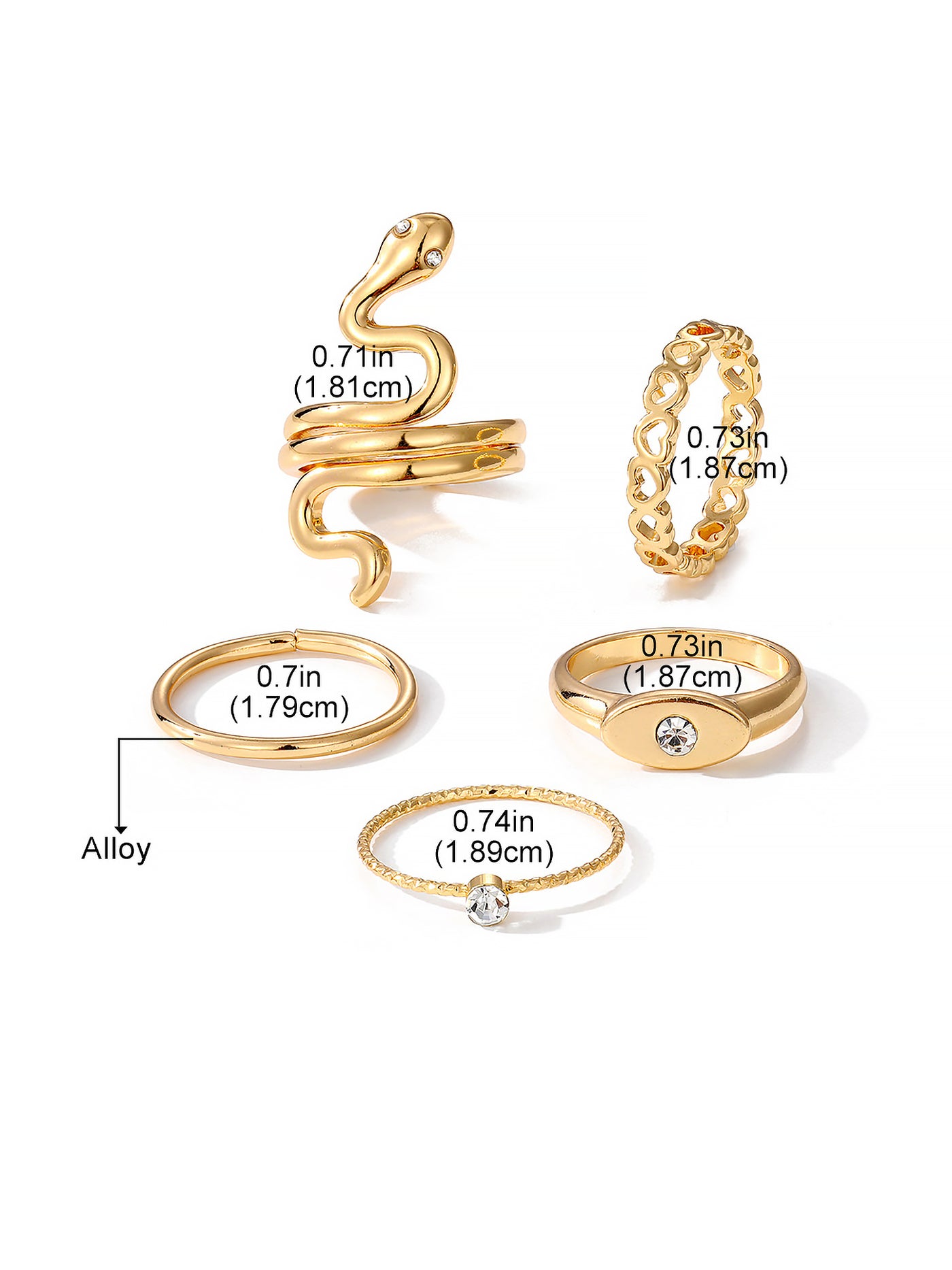 Allegra K 5 Pieces Snake Shape Hollow Heart Shape Rings Set