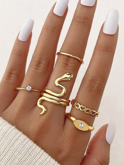 5 Pieces Snake Shape Hollow Heart Shape Rings Set