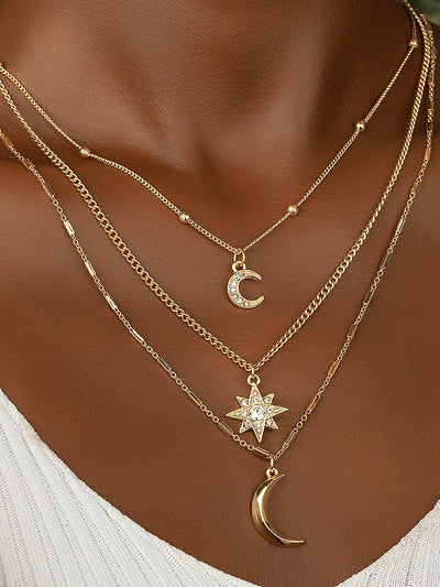 Triple Layer Alloy Moon Star Pendant Necklace