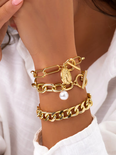 3 or 4 Pieces Bold Chain Alloy Faux Pearl Bracelet Set