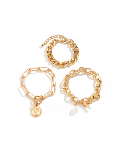 3 or 4 Pieces Bold Chain Alloy Faux Pearl Bracelet Set